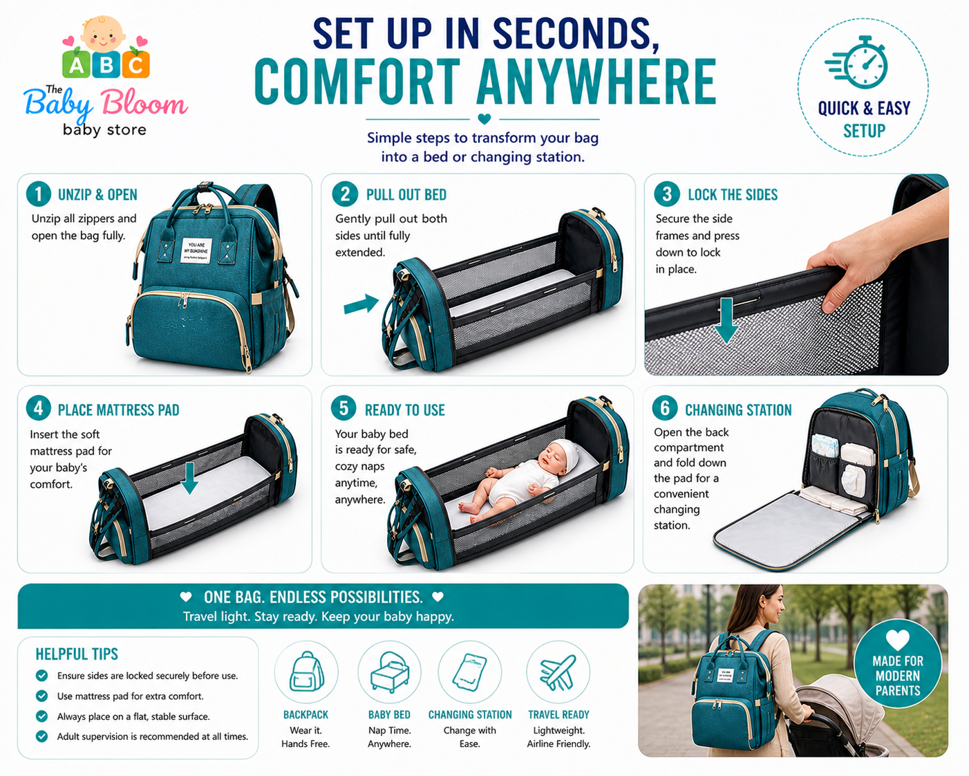 Baby Bloom Portable Baby Bed & Diaper Backpack Pro - Green/Blue