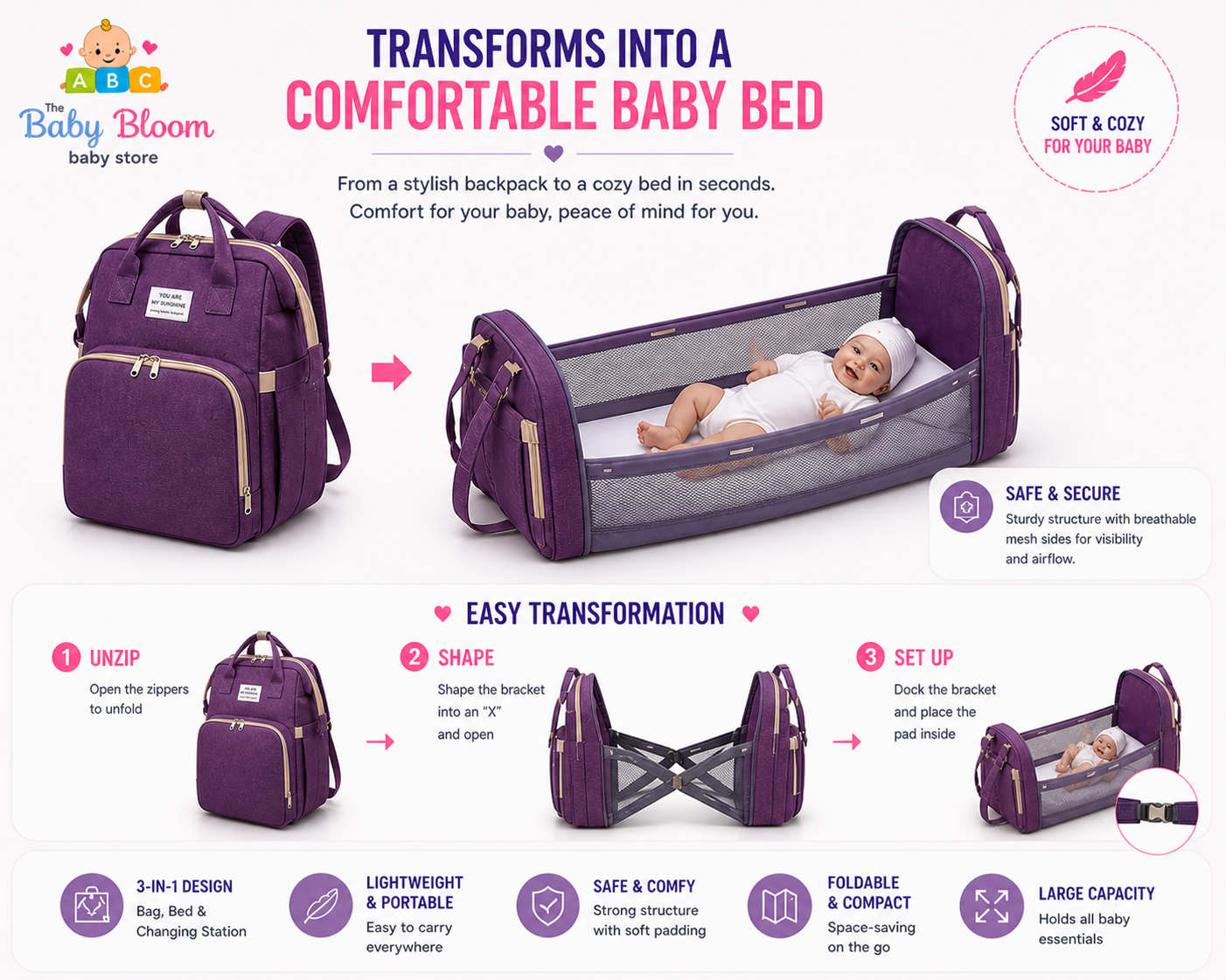 Baby Bloom Portable Baby Bed & Diaper Backpack Pro - Purple