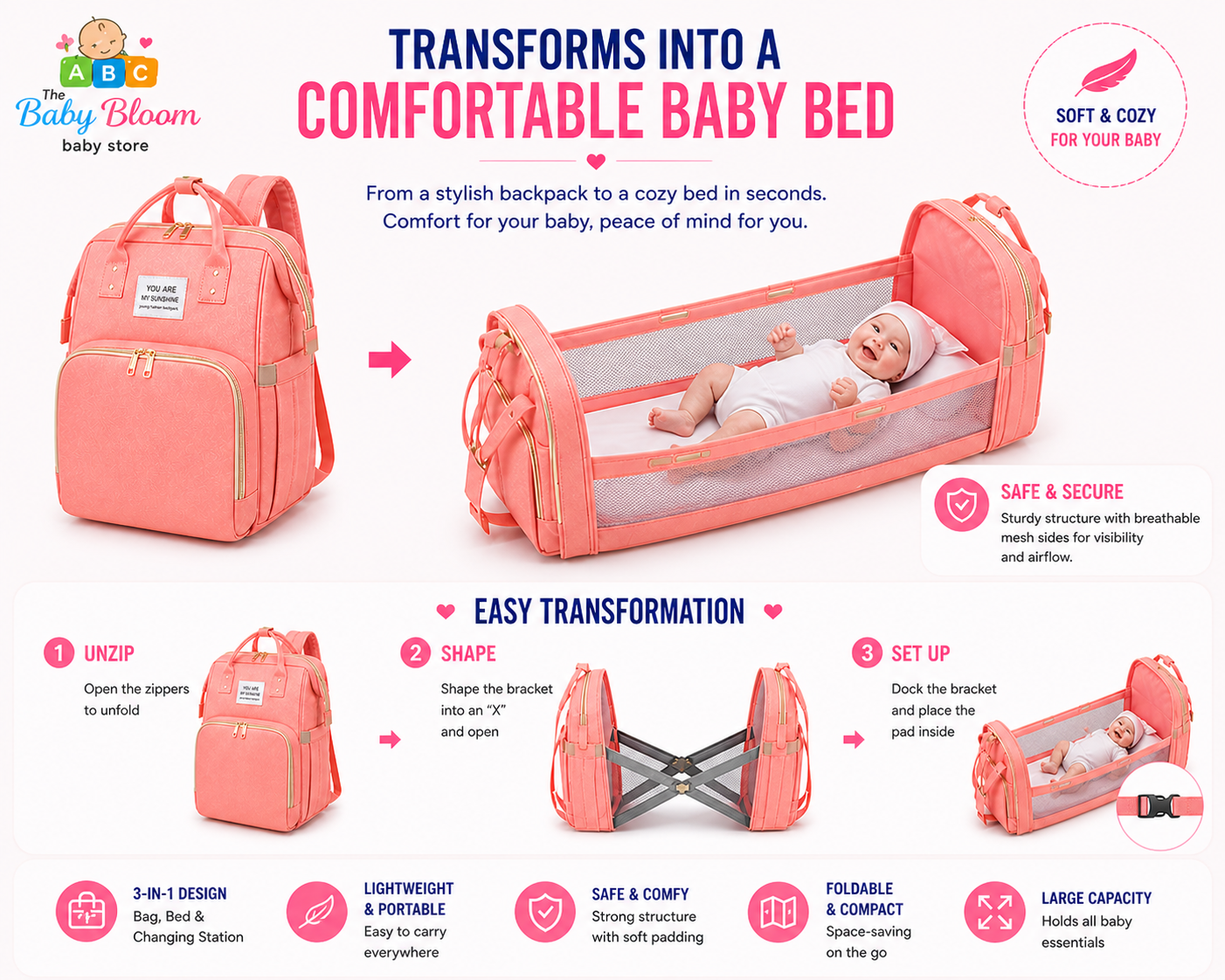 Baby Bloom Portable Baby Bed & Diaper Backpack Pro - Pink