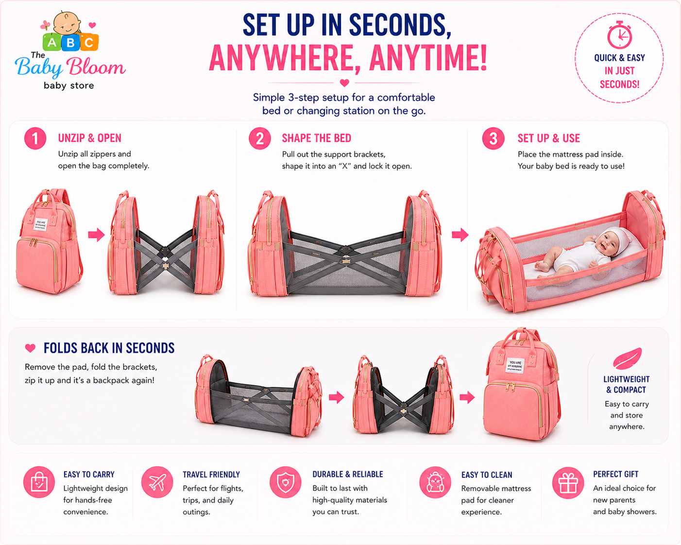 Baby Bloom Portable Baby Bed & Diaper Backpack Pro - Pink