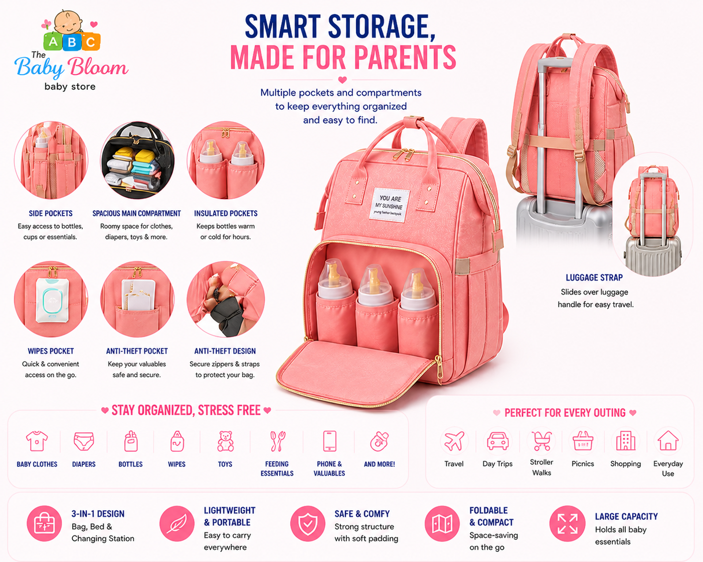 Baby Bloom Portable Baby Bed & Diaper Backpack Pro - Pink