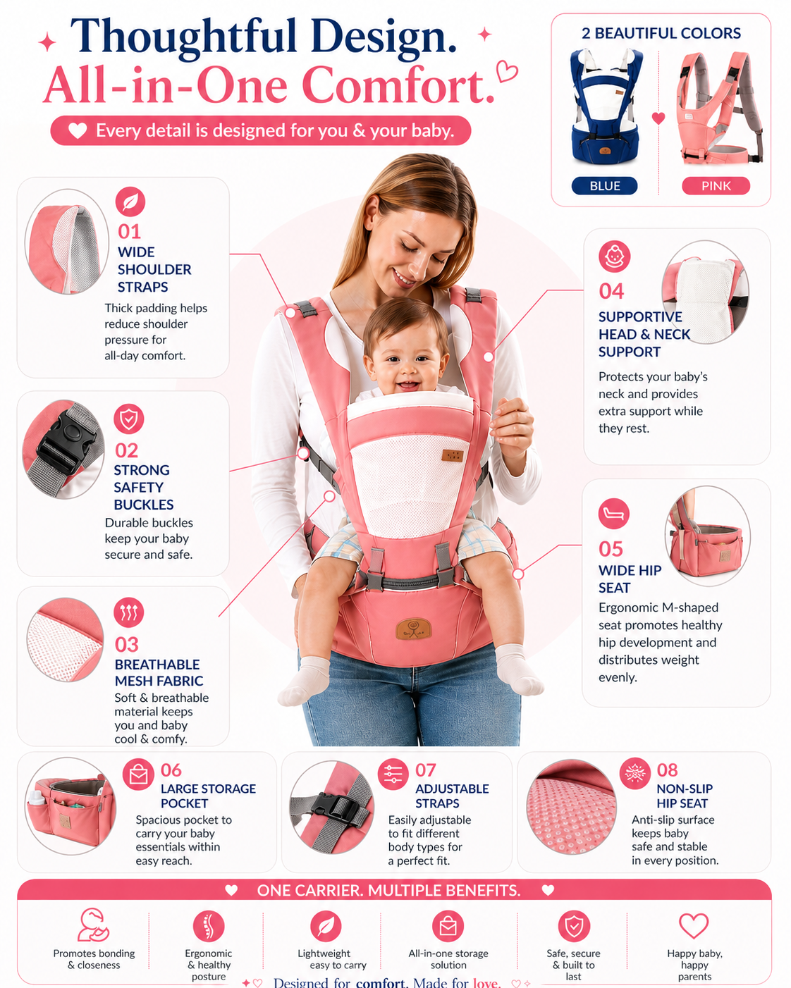 Multifunction Ergonomic Hipseat Baby Carrier - Pink