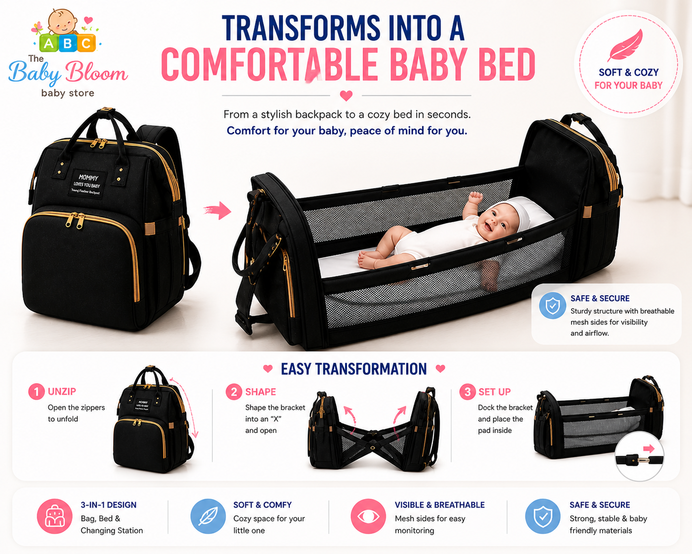 Baby Bloom Portable Baby Bed & Diaper Backpack Pro - Black
