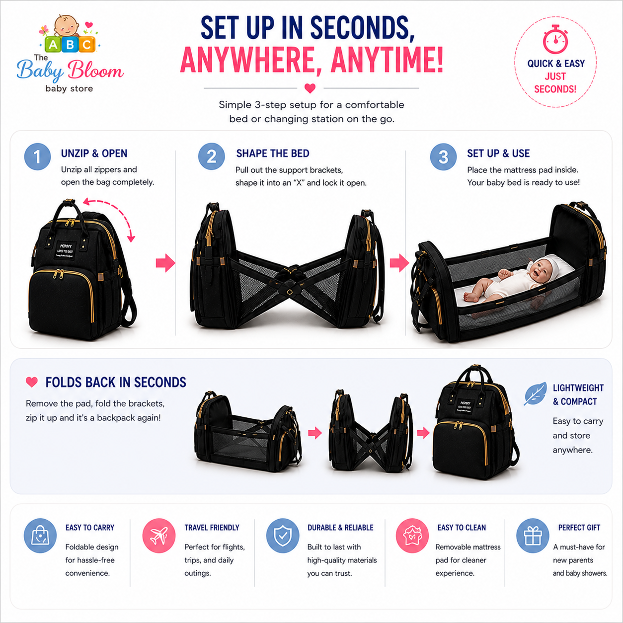 Baby Bloom Portable Baby Bed & Diaper Backpack Pro - Black
