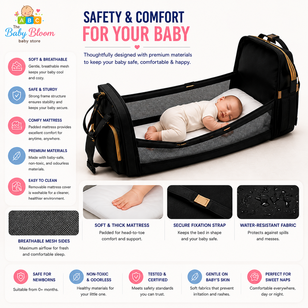 Baby Bloom Portable Baby Bed & Diaper Backpack Pro - Black