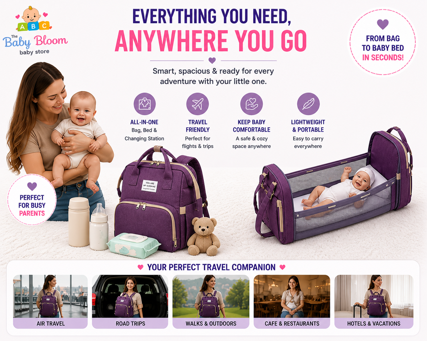 Baby Bloom Portable Baby Bed & Diaper Backpack Pro - Purple