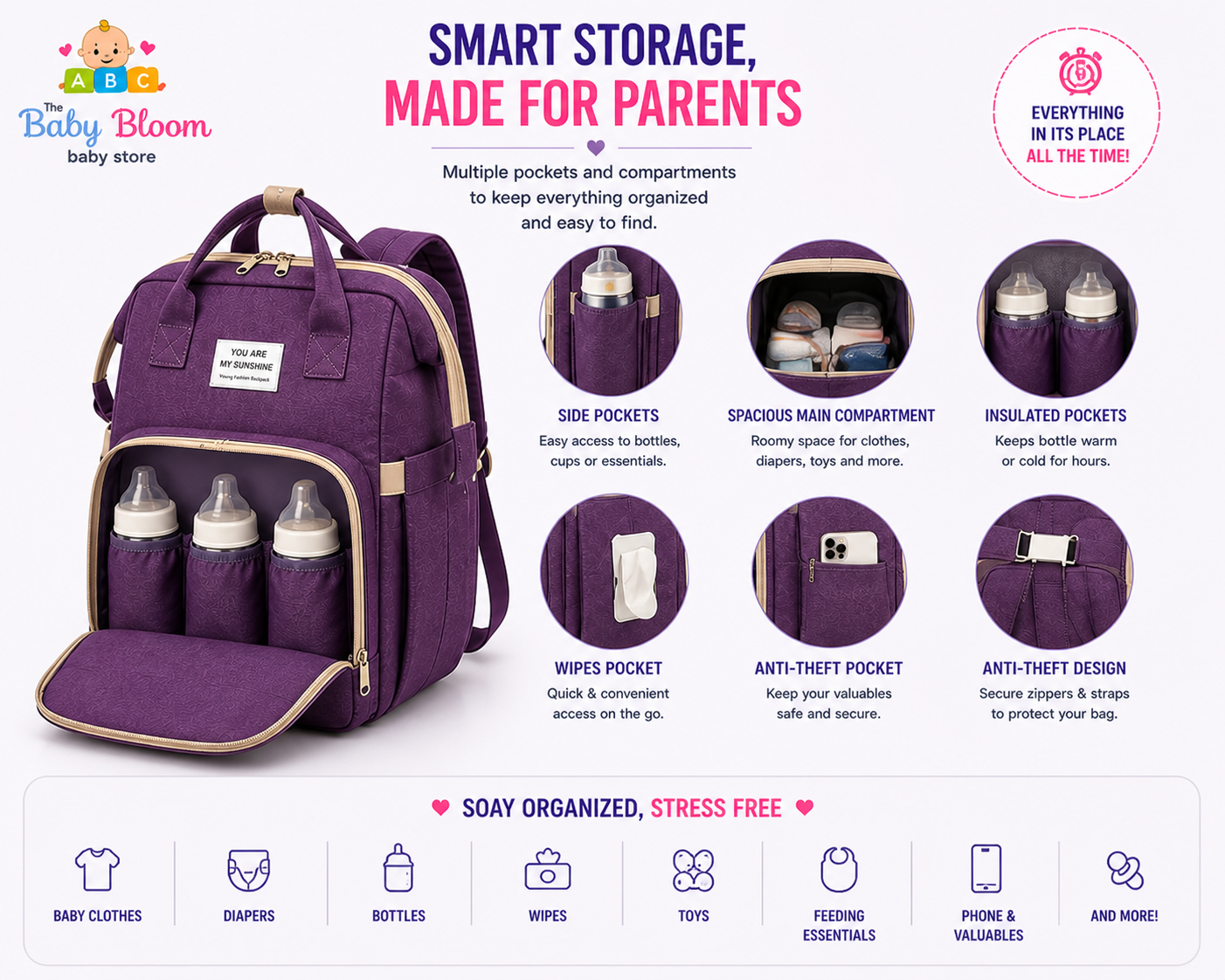 Baby Bloom Portable Baby Bed & Diaper Backpack Pro - Purple