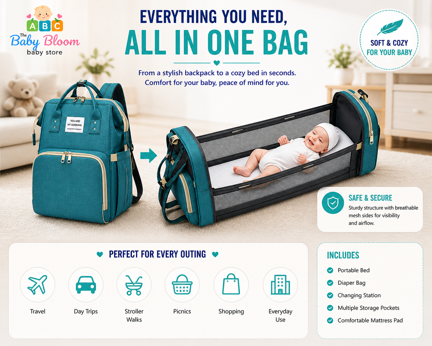 Baby Bloom Portable Baby Bed & Diaper Backpack Pro - Green/Blue