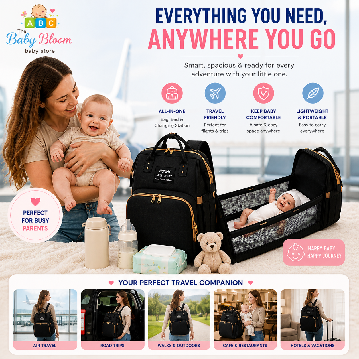Baby Bloom Portable Baby Bed & Diaper Backpack Pro - Black