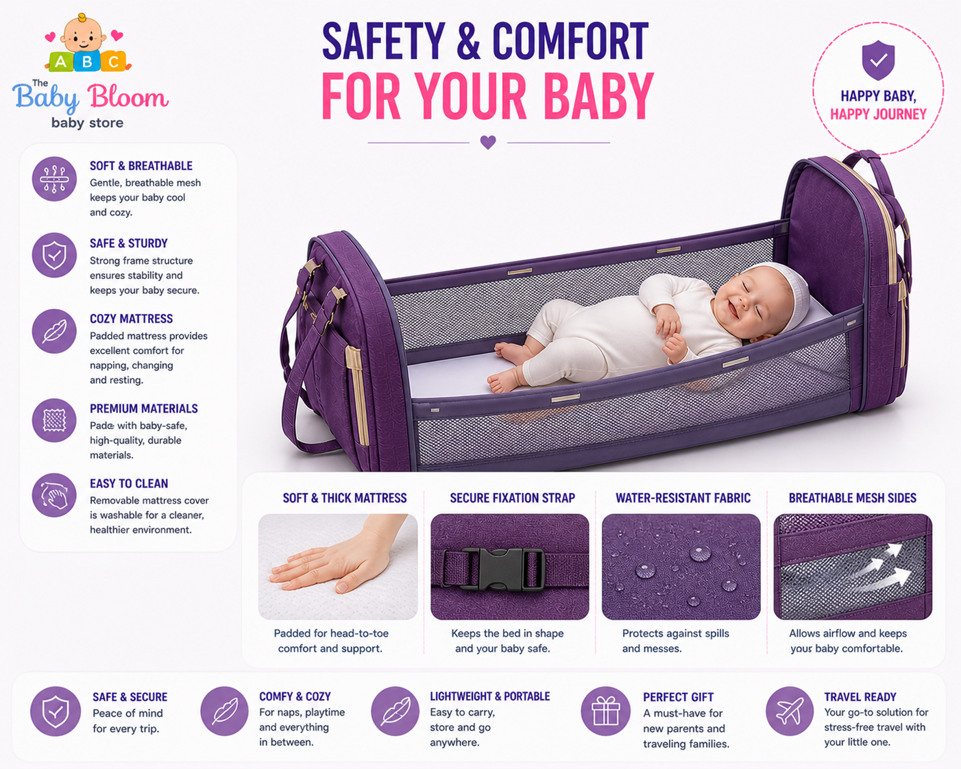 Baby Bloom Portable Baby Bed & Diaper Backpack Pro - Purple