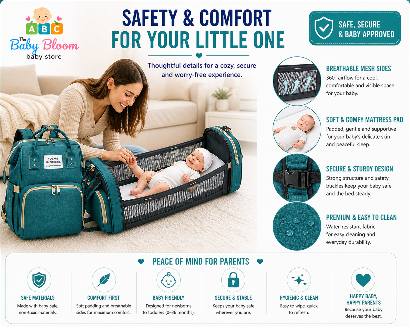 Baby Bloom Portable Baby Bed & Diaper Backpack Pro - Green/Blue