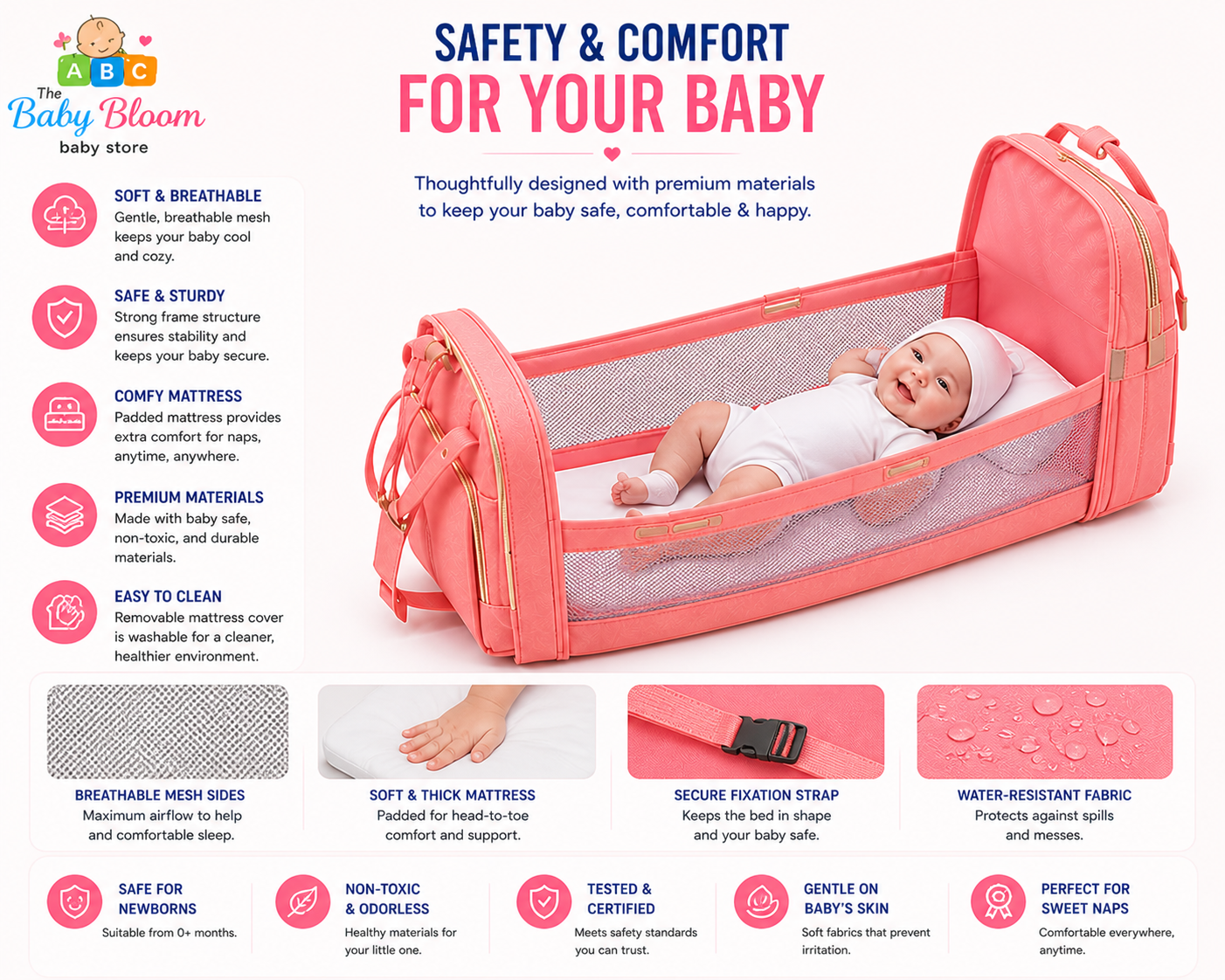 Baby Bloom Portable Baby Bed & Diaper Backpack Pro - Pink