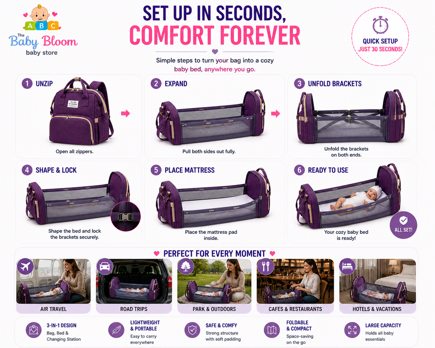 Baby Bloom Portable Baby Bed & Diaper Backpack Pro - Purple